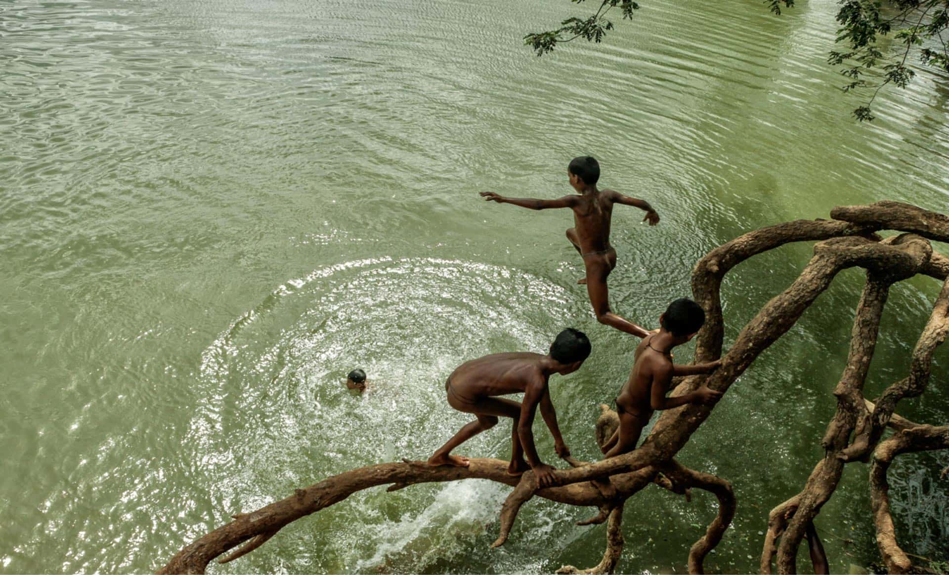 Street children jumping into a lake